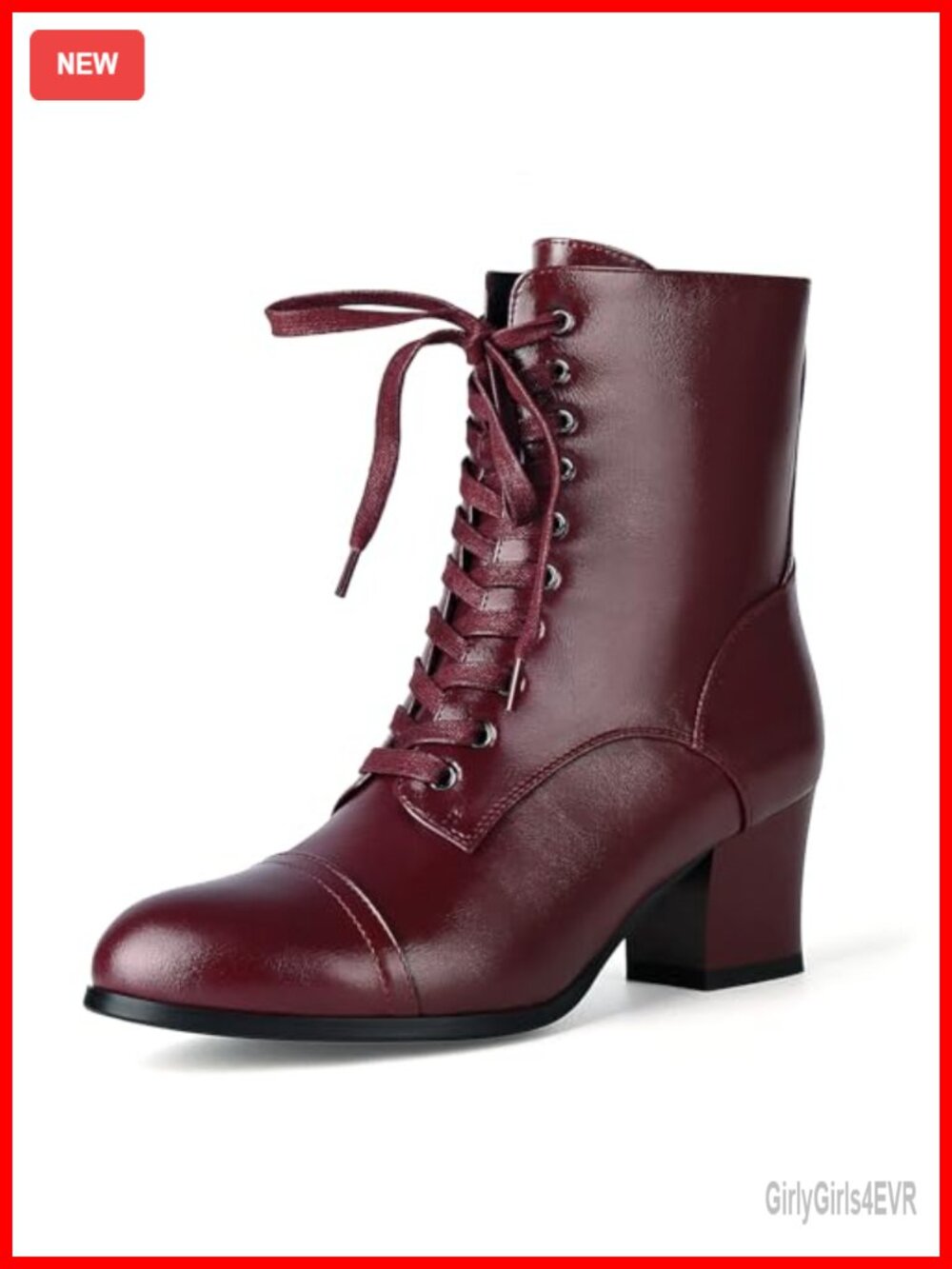 Victorian Lace Up Ankle Boots Faux Leather Block Heel